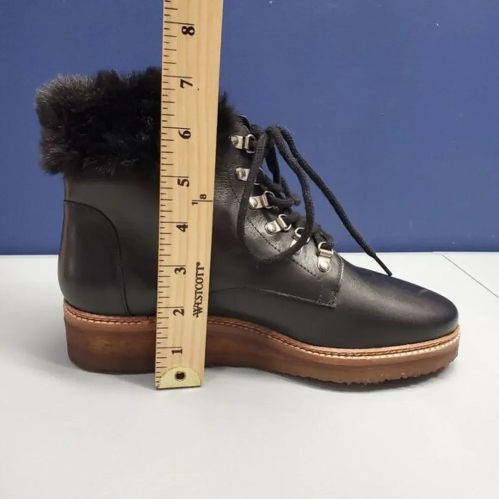 Botkier Winter Boots Women Size 7.5 Black Leather Faux Fur Trim Gum Sole Lace Up